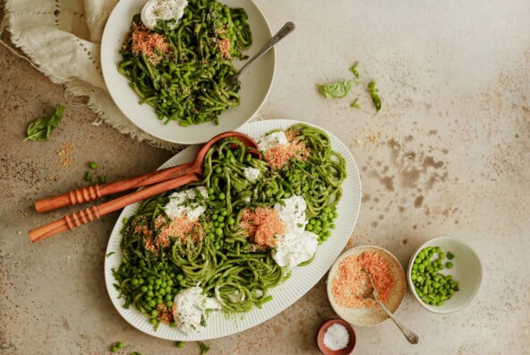 green sauce pasta - green pasta with spring vegetables and burrata_plant-based foods