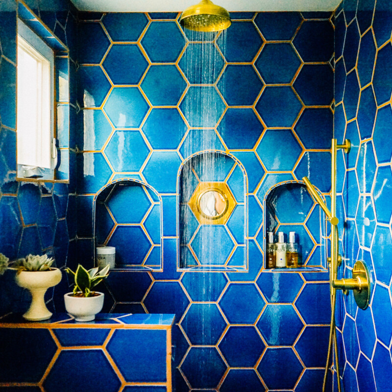 bright blue tiled bathroom