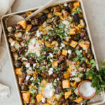 sheet pan harvest hash with sweet potatoes, brussels sprouts, and sausage - ingredients - vegetables - winter produce